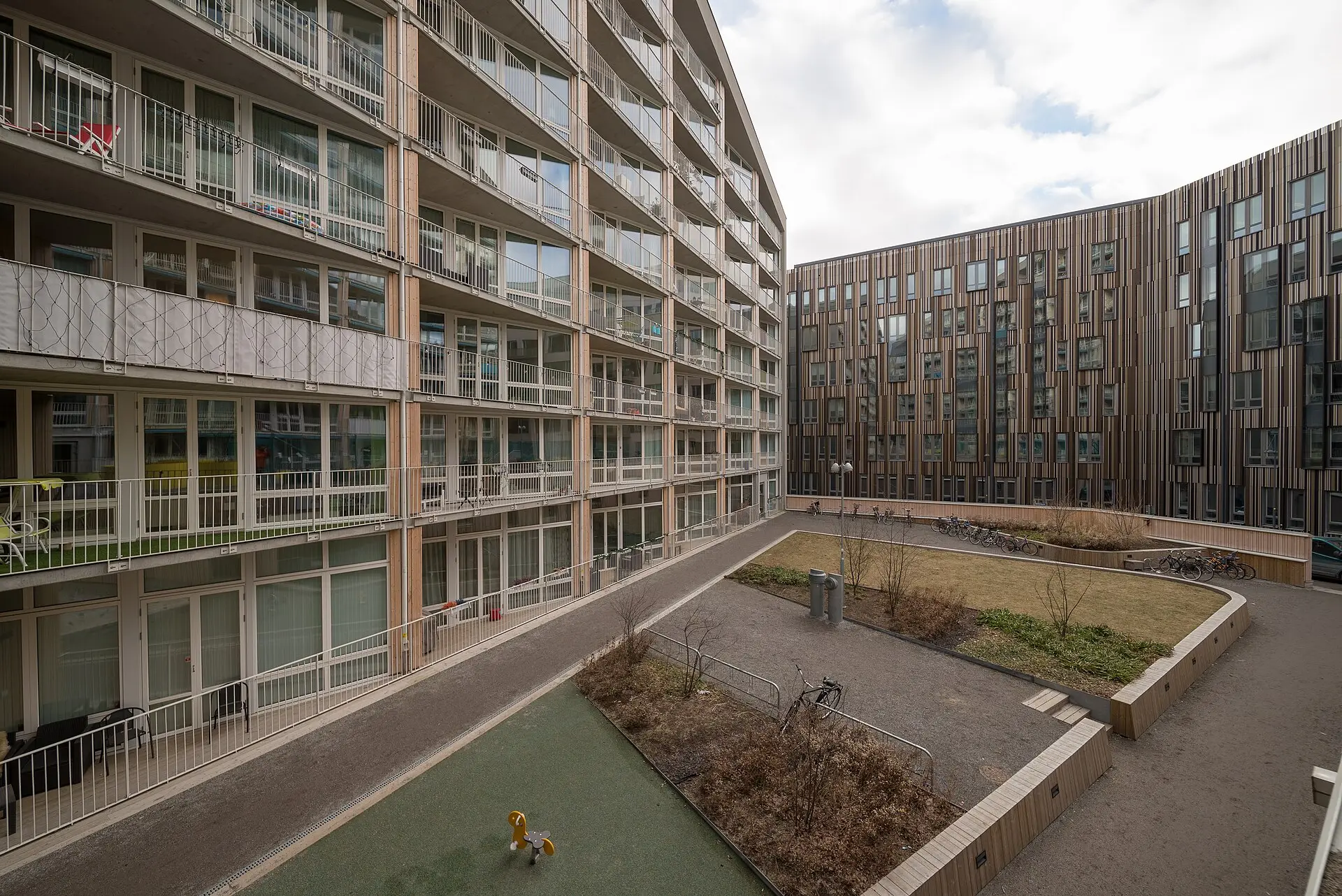 Apartment courtyard with planted beds